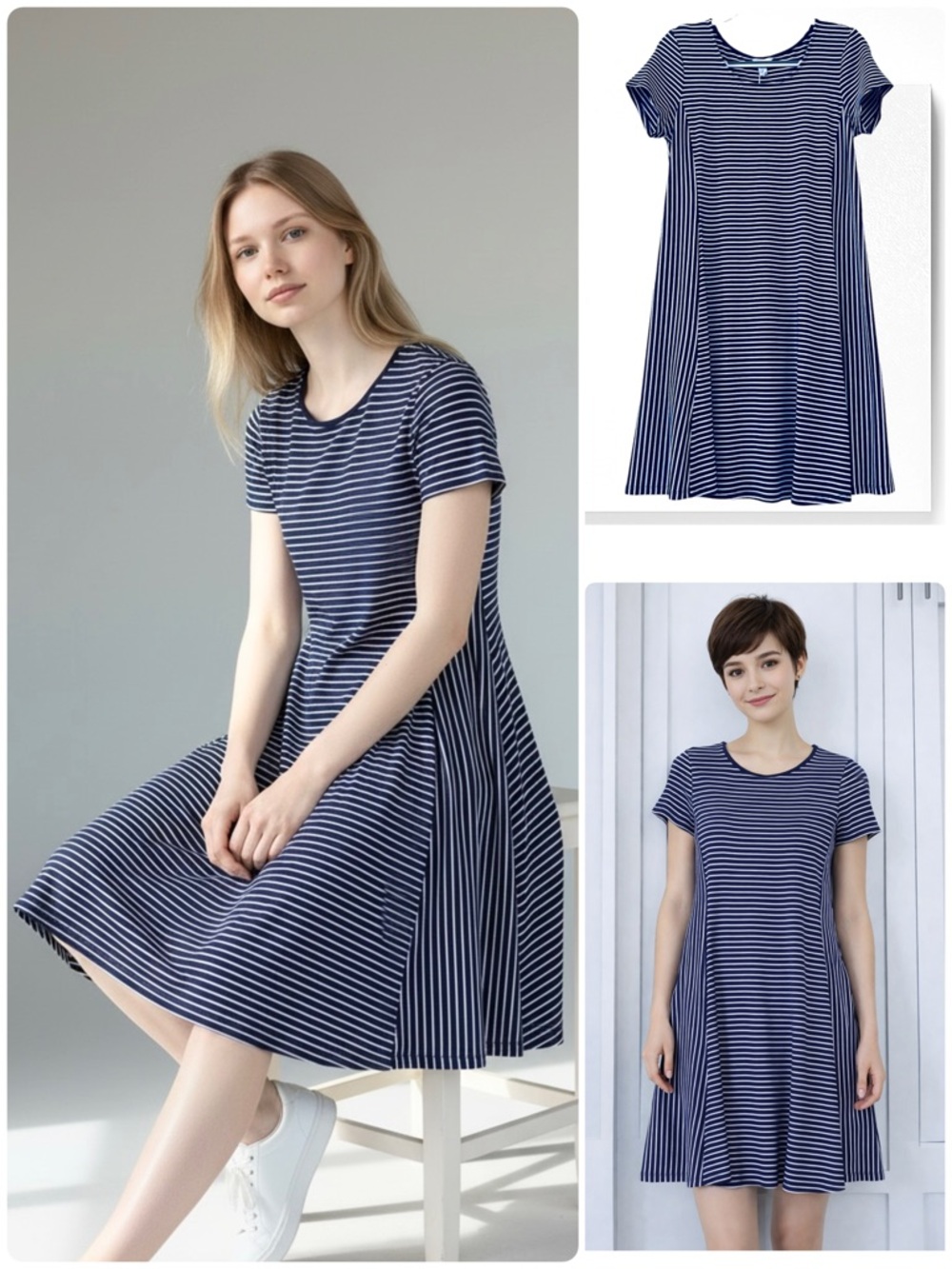 Intro. Dress Striped Knee Length Short Sleeve Round Neck  Navy/White Stretch